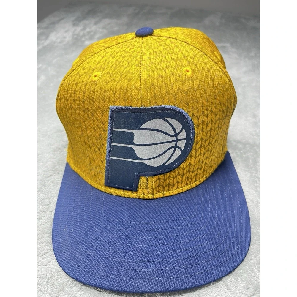 Adidas Indiana Pacers NBA Snapback Hat Yellow Blue Knit Pattern Flat Brim Cap